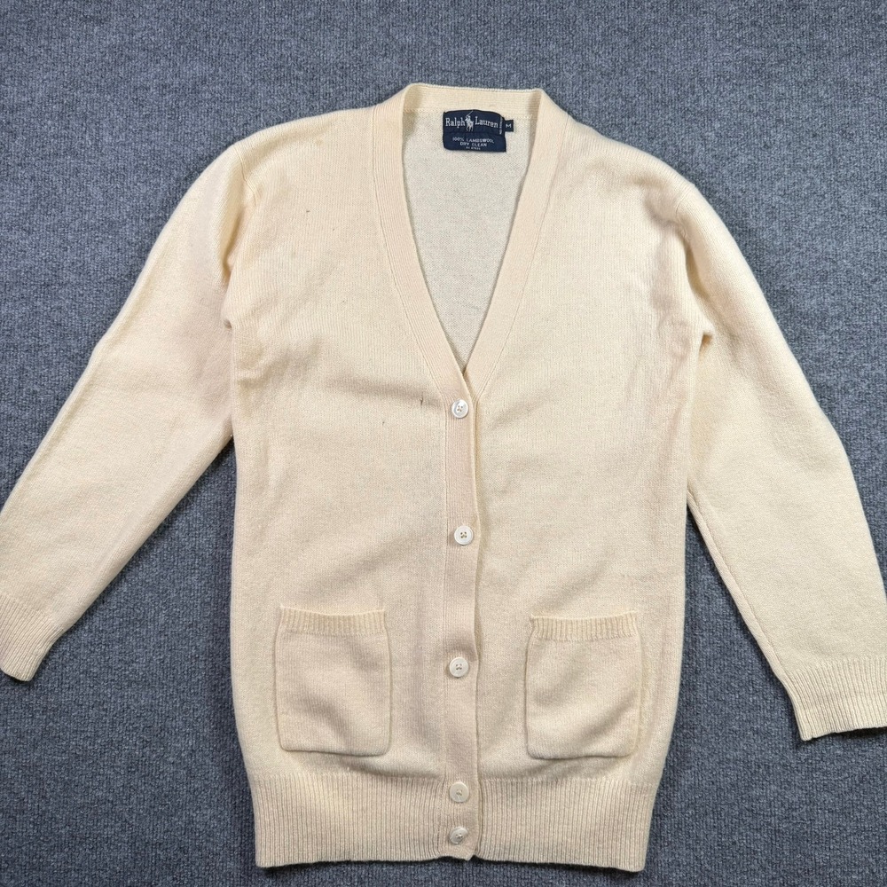 Ralph Lauren Cardigan Sweater Mens M Cream Lambswool V-Neck Pockets Vintage